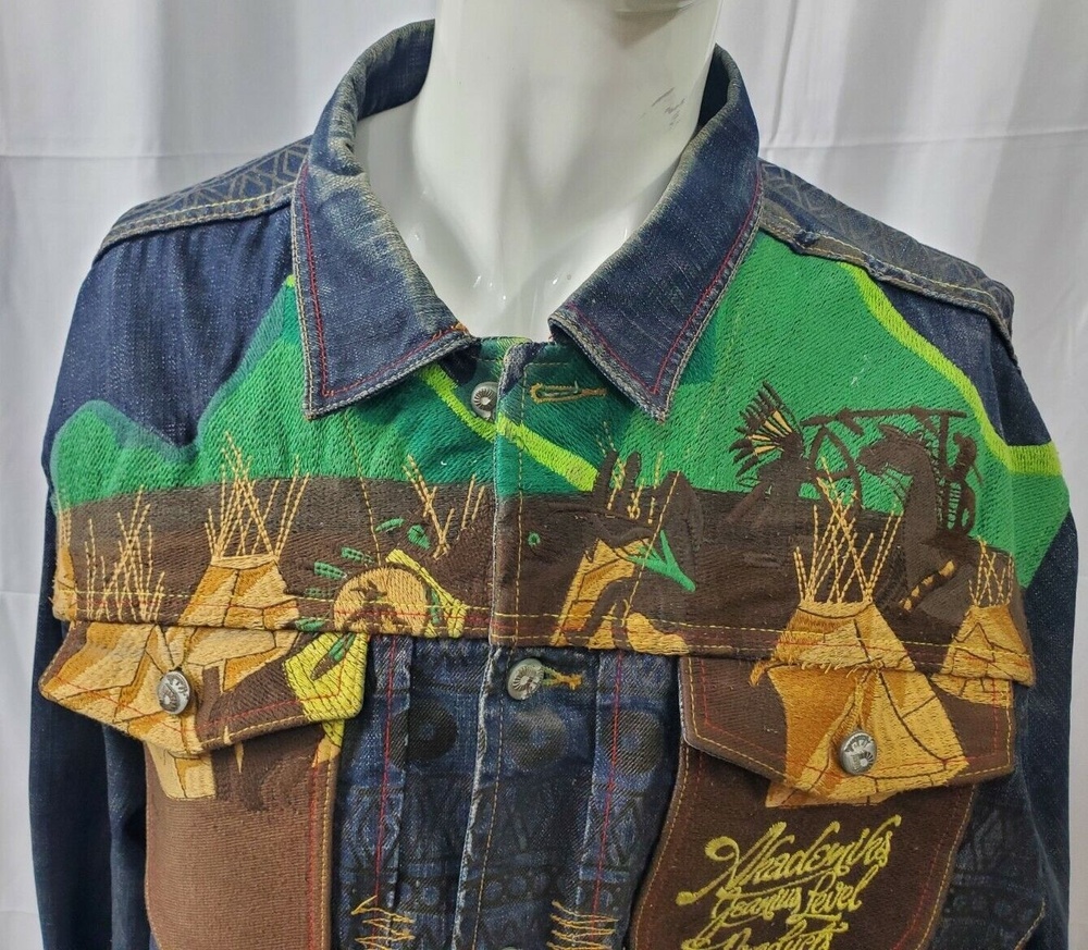 Akademiks Denim Jacket XL Southwestern Cowboy Indian Native America Jean Jacket - Picture 3 of 10